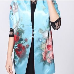 Blue Floral Silk Scarf Shawl with Buttons